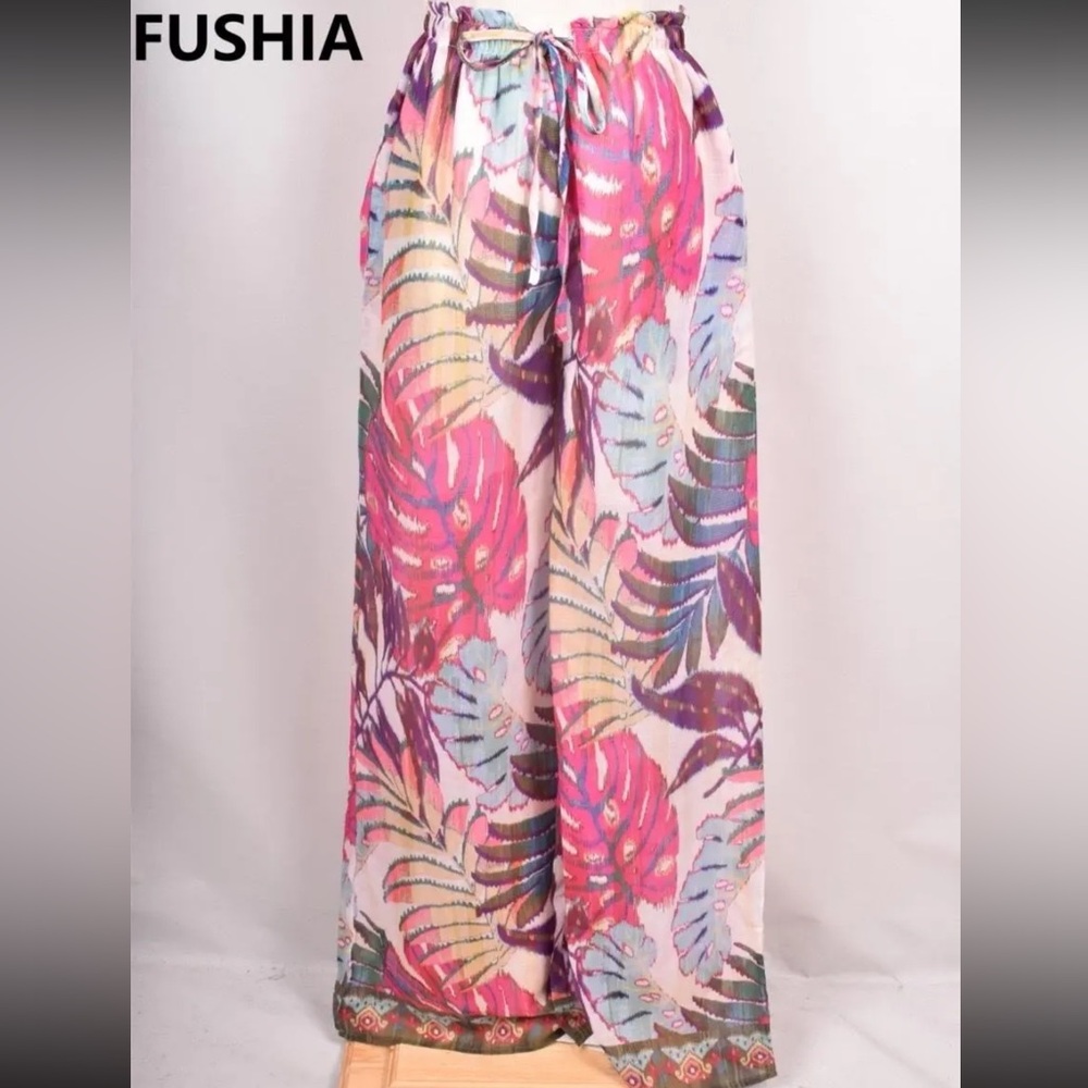 Fushia Tropical Print Wide Leg Pants